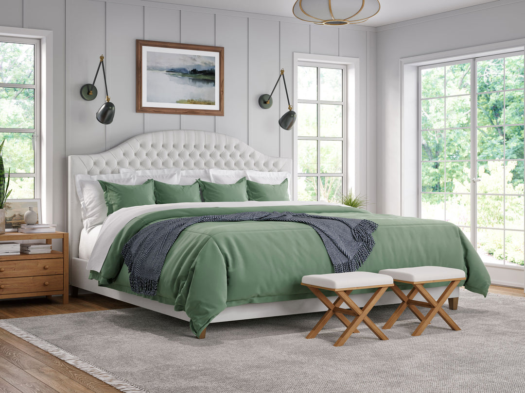 Green Alaskan King Bedding on White Bed Frame