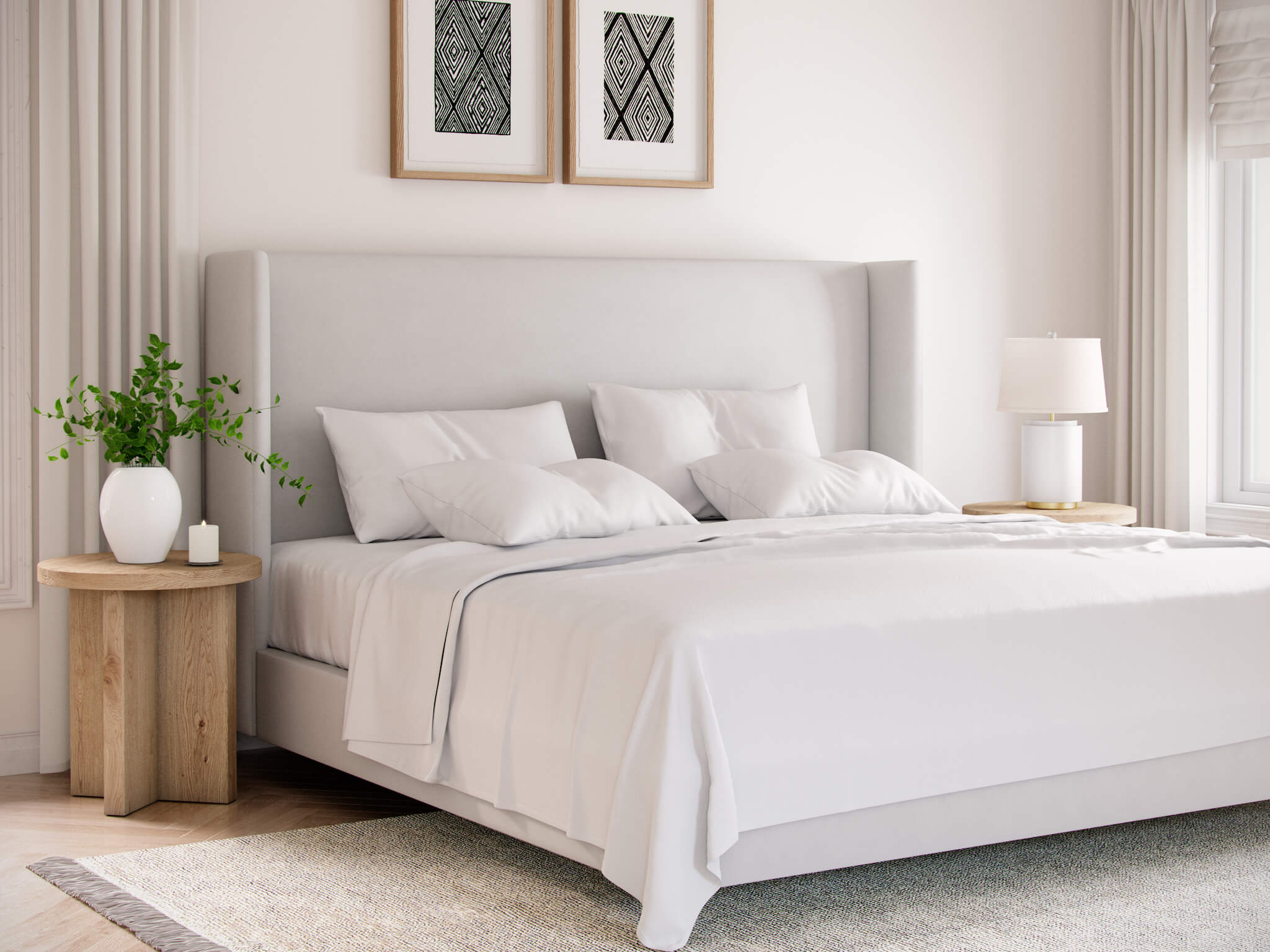 White cotton sheets on bed in bedroom